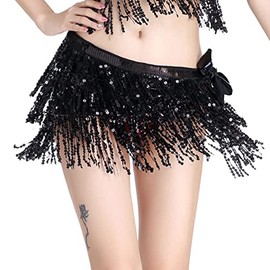 Costume Bay Tassel Sequins Skirt Shorts Fringe Sparkly Belly Dance Hip Scarf Belt Latin Dance Performance Waist Scarf Sequin Wrap Rave Costume for Women & Girl (Black, ONE)