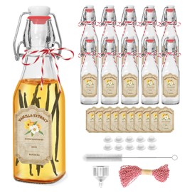 Fimyyao 10 Pack Swing Top Glass Vanilla Extract Bottles 8 oz with Lids, Vanilla Labels & Funnel, Boston Square Bottles for Homemade Syrup, DIY Gifts, Flip Top Jars for Extract