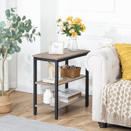 HOOBRO End Table, Simple Rustic Side Table with 3-Tier Storage Shelf, Narrow Nightstand for Small Spaces, Easy Assembly, for Living Room, Bedroom, Metal, Industrial Design, Greige and Black BG14BZ01