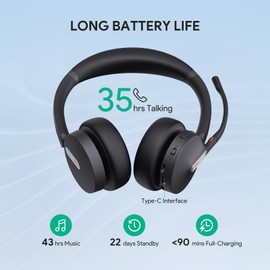 Yealink BH70 Dual Bluetooth Headset with Mic for Work, Wireless Teams Certified Headset for 35h Talking, 147g Headphone for Computer, 3 Mics, USB-A