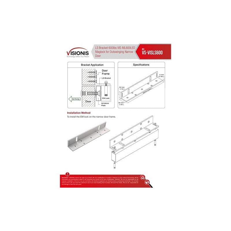 Visionis VIS-LS600 LS Bracket for 600lbs Electromagnetic Lock for Outswinging