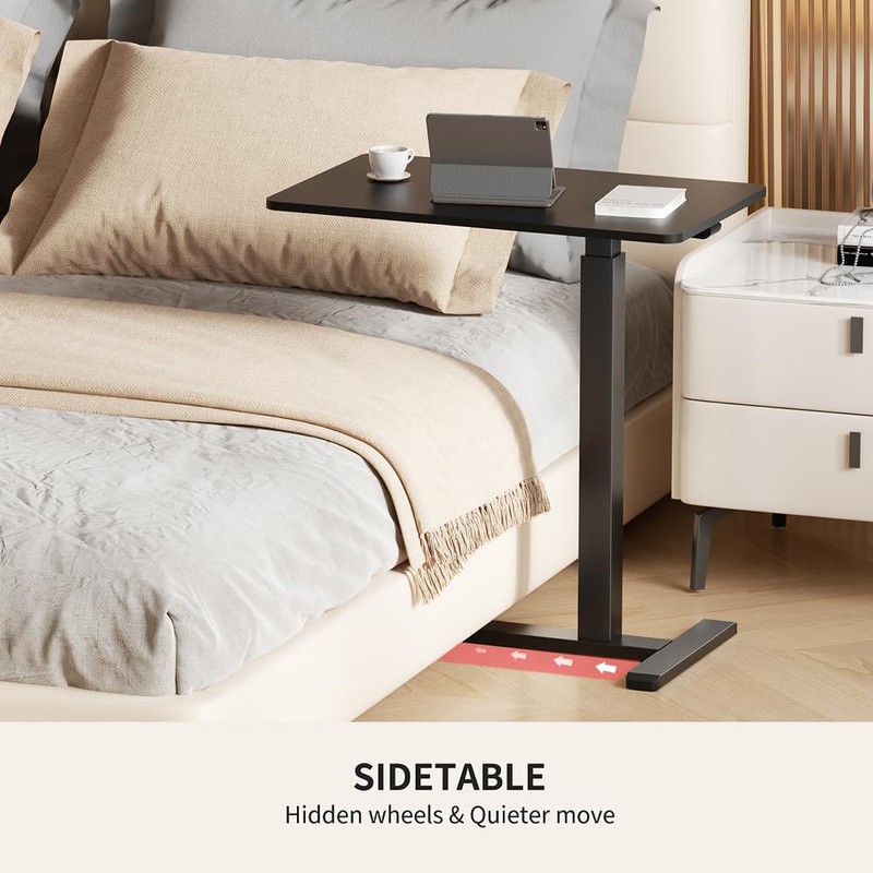 CROWNFURN Overbed Bedside Table with Hidden Casters,Adjustable Hospital & Home