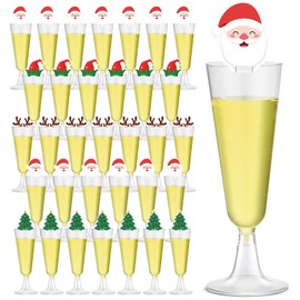 Nuogo 100 Pcs Christmas Plastic Champagne Flutes with Mini Christmas Markers 5oz Disposable Clear Champagne Glasses Xmas Toasting Mimosa Cup Bulk for New Year Wedding Bar Party Wine Glass Decor Supply