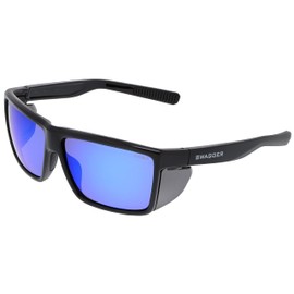 MCR Safety SR218BZ Swagger SR2 Series Safety Glasses with Thermo Plastic Rubber Nose Pads and Detachable Side Shields, Black Frame, Blue Diamond Mirror Polarized Lens