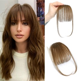Clip In Bangs 100% Human Hair Wispy Bangs Hair Clip Light Brown with Temples Real Human Hair Fake Bangs Extensions For Natural Hair