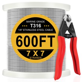 Gyykzz 600FT 1/8 Inch Stainless Steel Cable for Deck Cable Railing System, T316 Marine Grade Wire Rope Aircraft Cable with Cutter, 7x7 Strands Braided Steel Cable Perfect for Cabling Project