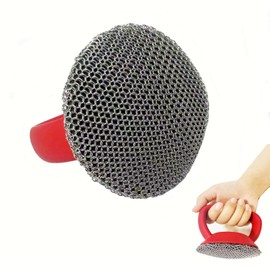 YZTOOM Cast Iron Scrubber, Iron Chainmail Scrubber Skillet Cleaner with Silicone Handle, Stainless Steel Chain Mail Scrubber for Cast Iron Skillets