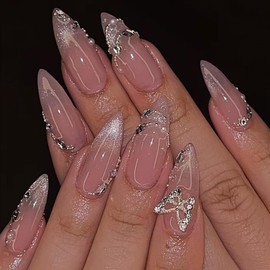 Cat Eye Press on Nails Medium Almond WLGDLH Summer Fake Nails Press ons with 3D Butterfly Nail Charms Rhinestones Design Nude False Nails Acrylic Nails Glitter Glue on Nails for Women 24Pcs