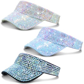 3 Pcs Glitter Visor Shiny Rhinestones Sport Golf Adjustable Summer Cap Golf Sun Visor Caps for Golf Tennis Cycling Running (Black, White, Beige)
