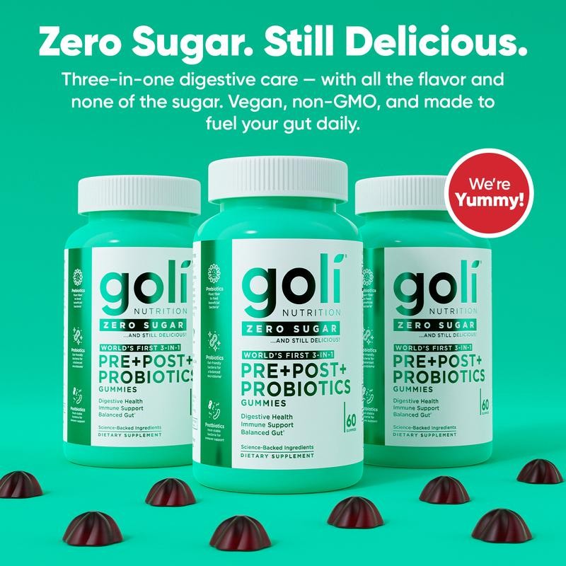 Goli Zero Sugar World's First 3-in-1 Pre, Post, Probiotic Gummies