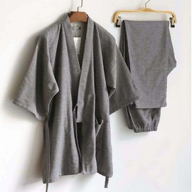 Classical Japanese Style Pajamas Traditional Cotton Bathrobe Kimono Casual Clothes for Adults, for Summer and Autumn, Gray