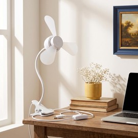 clip on fan for bed 5V Clip-on USB Powered Fan and LED Lamp Combo, White, 360° Adjustable Flexible Gooseneck, 3000K, fan holder for dorm bed, clip desk fan for Reading, Painting, and Sewing