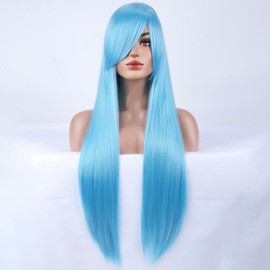 WTHCOS Long Blue Wigs for Women Girls Long Straight Wig With Oblique Bangs Sky Blue Wig Heat Resistant Synthetic Wigs for Cosplay Costume Party