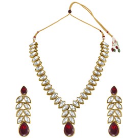Aheli Gold Plated Traditional Maroon Crystal Studded Long Necklace Earrings Jewellery Set Gift for Women