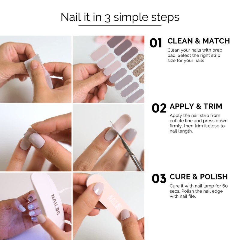 NAILOG Semi-hardened Gel Nail Stickers (34 Pieces), Long Lasting, Salon