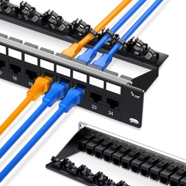 Enmane 24 Port Patch Panel Cat6A RJ45 Passthrough Unshielded Keystone Patch Panel with Smart Cable Management for 19inch Rackmount