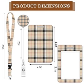 ID Badge Holder with Retractable Badge Reel Clip and Lanyard, Cute Card Name Tag Lanyard Vertical ID Protector Bage Clips for Nurse Doctor Teacher Student (Beige Tartan Plaid)