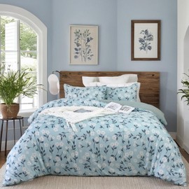 Lemfux Duvet Cover Set 3 Piece Blue Floral Duvet Cover Twin Size, Flower Twin Comforter Cover Sets,Soft & Breathable with Zipper Closure & Corner Ties, Garden Style