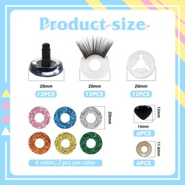 TOAOB 12 Sets 20 mm Glitter Safety Eyes with Eyelashes 6 pcs Noses with Washers for Amigurumis 6 Colors Craft Crochet Eyes for Puppet Bear Stuffed Animal Doll Making