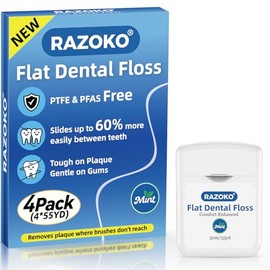 RAZOKO Hilo dental plano, libre de PFAS y PTFE, resistente a las encías, ultrasuave para limpieza profunda, cera natural, menta fría, 4 unidades (45 metros), para adultos y niños