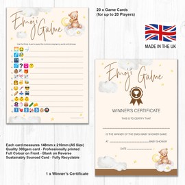 20 x A5 Picture Game Teddy Bear Themed Baby Shower Game with Winner Certificate – Unisex – Made in The UK