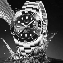 Reloj pulsera Lige LG10045 con correa de acero inoxidable color plateado - fondo negro - bisel negro/plateado