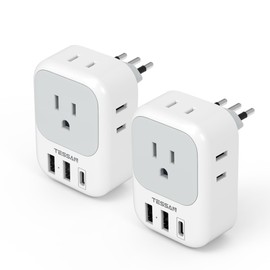 Italy Travel Plug Adapter 2 Pack, TESSAN Italy Power Adaptor with 4 Outlets 3 USB Charger (1 USB C Port), Type L Adapter for US to Chile Libya Syria Tunisia Uruguay