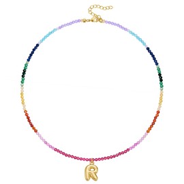 KissYan Beaded Initial Necklace for Women, 14K Gold Plated Bubble Letter Pendant Rainbow Gemstone Choker Colorful Summer Beach Jewelry, Choker, Copper, Crystal
