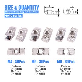 Glarks 100-Pieces 4040 Series European T Nut Assortment Kit, M3 M4 M5 Hammer Head Drop in T Slot Nuts for 40 Series Aluminum Profile - Nickel Plated Carbon Steel