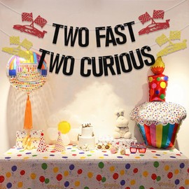 Black Glitter Two Fast Two Curious Banner, Boy 2nd Birthday Banner, Car Theme Happy 2nd Birthday Party Decorations, Race Car 2nd Baby Shower Decoration, Cheers to Second Birthday Decors Supplies