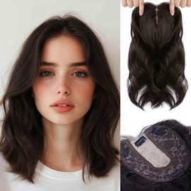 MORICA Hair Toppers For Women With Thinning Hair 14 Inch Dark Brown With Highlights Wavy Toppers Hair Pieces For Women 6 * 6 Inch Large Base Synthetic Hair Topper With Bangs Clip In Hair Toppers:_4/6A_14INCH