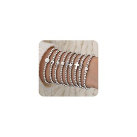 Navirix 9Pcs Gold Stackble Bracelet for Women Multilayer Elastic Strand Beaded Bracelets Set Trendy Adjustable Party Prom Jewelry Accessory (Silver)