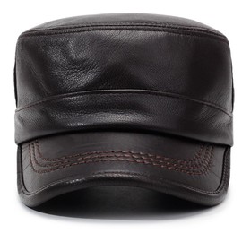 Men's Genuine Leather Cadet Army Caps Military Style Hat Flat Top Cap