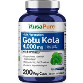 NusaPure Gotu Kola Capsules 20:1 Extract, 200 mg Equivalent to 4000mg Per Veggie Caps, 200 Count, Non-GMO, Vegan, Bioperine - Traditional Herb Extract