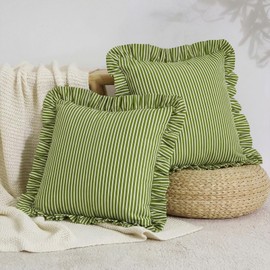 HunnmingRe 2 Pack Green White Striped Ruffle Throw Pillow Covers 18x18 Inch Decorative Cushion Covers for Sofa Couch Bed Home Living Room Decor