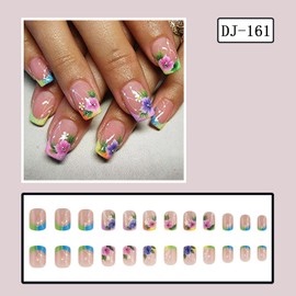 Colorful Press on Nails Short Square Fake Nails Flower False Nails Glossy Acrylic Nails Full Cover Stick on Nails with designs Floral Glue on Nails Sprinng Summer Nails for Women Girls Manicure24pcs