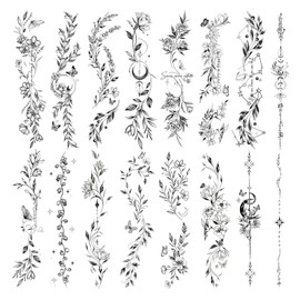 VelvetGlow Flower Temporary Tattoos for Women Girls, 16 Sheets Black Flower Leaf Wild Plants Sketch Tattoo Stickers, Waterproof Tattoo for Arm Collarbone Body Art