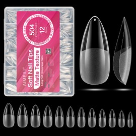 AIMEILI Long Stiletto Acrylic Nail tips Fake Nails, Pre-shape 504pcs Round Soft Gel Nail Tips Press on Nails for Full Cover False Nails 12 Sizes