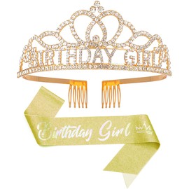 Queenship Birthday Tiara Crown with Sash for Women, Birthday Sash for Adult Women Queen Party Gold