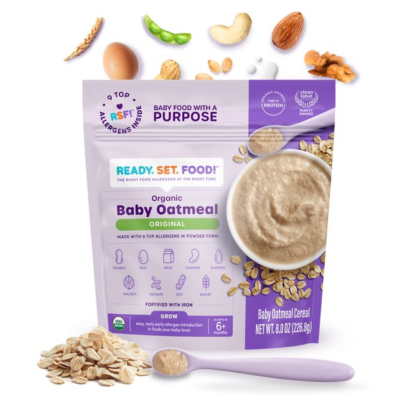 Ready, Set, Food! Organic Baby Oatmeal Cereal | Original 1 pack | Organic Baby Food with 9 Top Allergens: Peanut, Egg, Milk, Cashew, Almond, Walnut, Sesame, Soy & Wheat | Unsweetened | Fortified with Iron