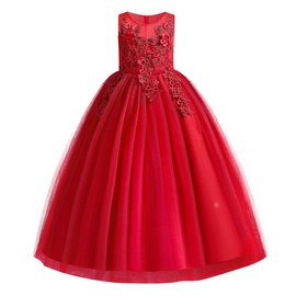 Little Big Girl Bridesmaid Pageant Flower Princess Wedding Formal Prom Floor Long Tulle Dress 7-16T Dance Evening Maxi Gown Red 15-16 Years
