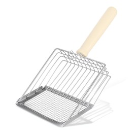 Ptwola Metal Cat Litter Scooper, Mesh Deep Shovel Kitty Pooper Sifter Lifter with Long Wooden Handle Heavy Duty Durable Stainless Steel Easy Speed Filter for Litter Box Clumps