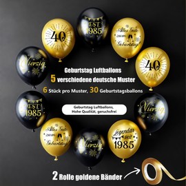 WenmthG Pack of 30 Balloons 40th Birthday Decoration - 40th Birthday Men - 5 Different German Text Motifs, 6 Pieces Each - Diameter 27 cm - Black Gold