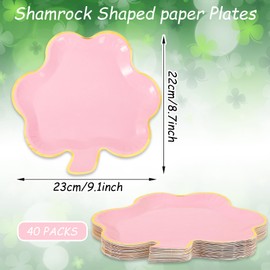 Whaline 40Pcs St. Patrick's Day Paper Plate Pink Shamrock Shaped Disposable Plate Gold Foil Clover Dinnerware Plate for Irish Party Supplies Table Decor, 9.1 x 8.7 In
