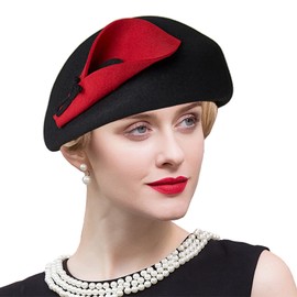 TLMNU Fascinator Hats for Women - Tea Party 100% Wool Hats Fascinators Kentucky Headband Felt Derby Hat Wedding Cocktail Mesh 01B2Black,Red
