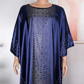 HD African Dresses for Women Fashion Beaded Rhinestone Kaftan Maxi Dress, Navyblue-87 (with inner belt version)