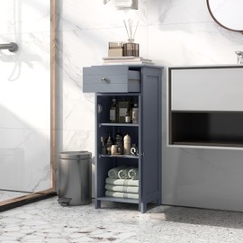 LOKO Bathroom Floor Cabinet, Freestanding Single Door Storage Cabinet with Drawer & Adjustable Shelves, Corner Narrow Storage Organizer for Living Room, Entryway (Grey)