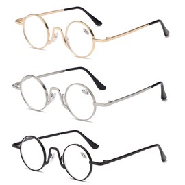 krlanhx 3X Small Circular Reading Glasses Blue blocking Anti-glare Computer Reader (1 black 1 gold 1 silver, 4, Diopters)