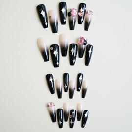 Frianchlly 24Pcs Artificial Acrylic Fake Nails with Black Designs,Press on Nails Square Medium Length,Full Cover Reusable Coffin False Nails,Long Lasting, Easy to Apply & Remove.