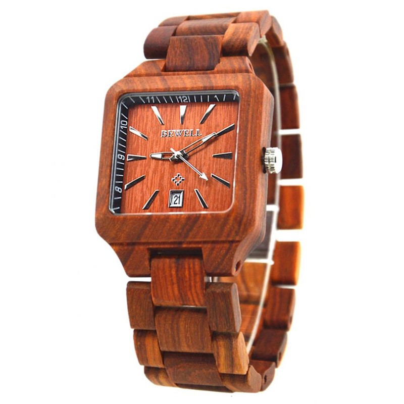 Geometric Dial Sandalwood Watch Calendar Quartz Movement Analog Wristwatch Red